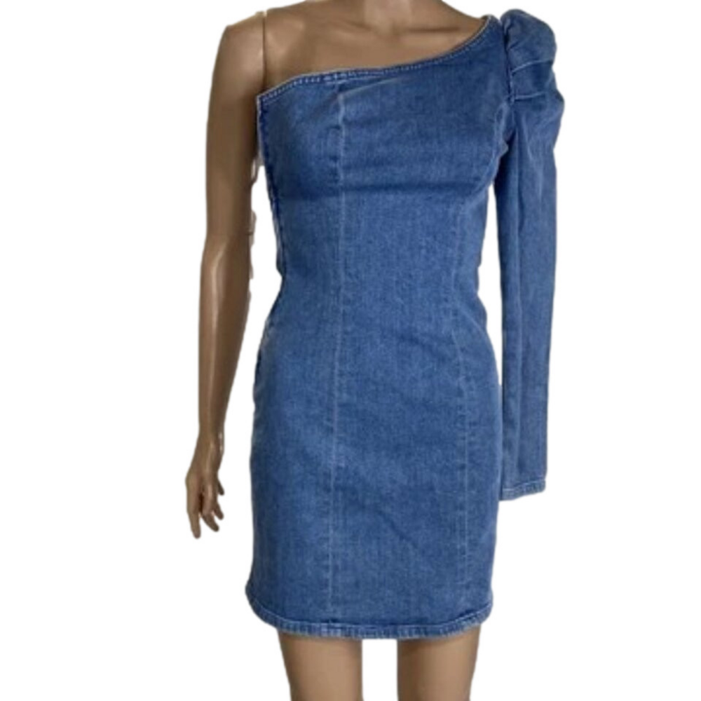 NEW GRLFRND Womens Ellie One Shoulder Denim Midi Dress Size XS Blue